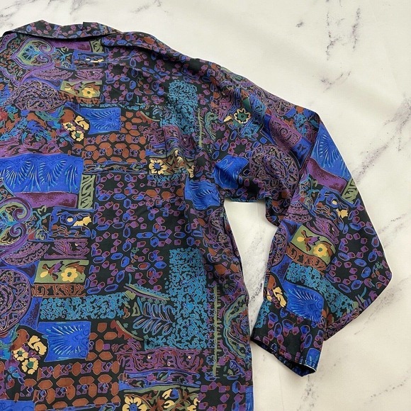 Punch Womens Vintage 90s Silk Oversize Shirt Size M Purple Blue Abstract Floral - Picture 9 of 11